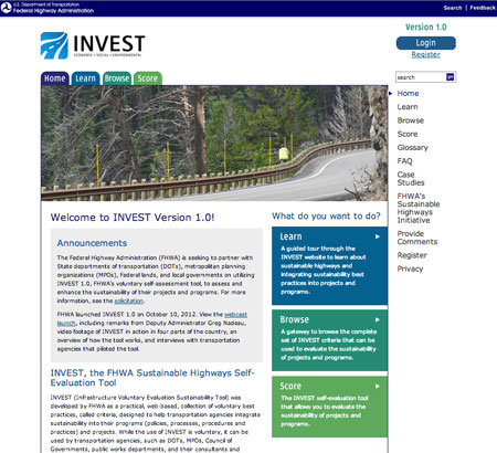 A graphic image of the home page for FHWA's Infrastructure Voluntary Evaluation Sustainability Tool (INVEST) at www.sustainablehighways.org.