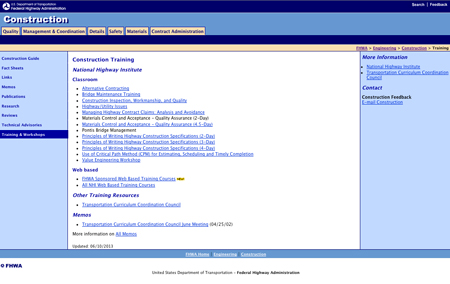 Screenshot from FHWA’s Construction Training Web page (www.fhwa.dot.gov/construction/training.cfm).