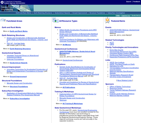 A screen shot from the home page of FHWA's Geotechnical Engineering Web site (www.fhwa.dot.gov/engineering/geotech)