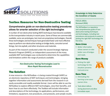 Image of a SHRP2 Solutions fact sheet on the NDToolbox, a guide to nondestructive testing procedures.