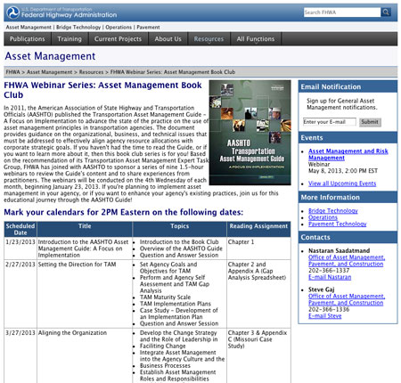 Screen shot from the home page of FHWA's Asset Management Book Club Webinar series (www.fhwa.dot.gov/asset/bookclub.cfm)