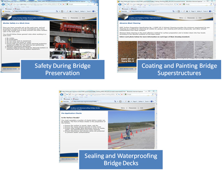 Screenshot of the homepages for three new online bridge preservation courses sponsored by FHWA, "Safety During Bridge Preservation," "Coating and Painting Bridge Superstructures," and "Sealing and Waterproofing Bridge Decks."