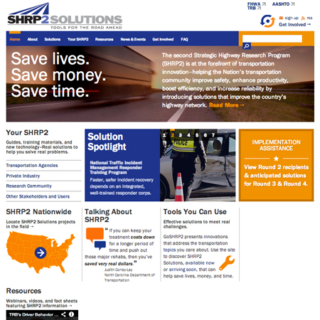 Screenshot of the home page for the SHRP2 Solutions Web site (www.fhwa.dot.gov/goshrp2 ).