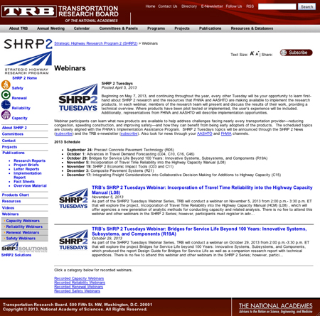 A screen shot from the home page for the SHRP2 Webinar series.