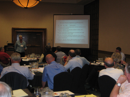 A view of a session being held at the Construction Peer Network's Northwest peer exchange, held July 2013 in Boise, ID. Twelve participants are visible. A presenter stands in the front of the room. On a screen is the header "Do You Require Inspector Qualifications"?