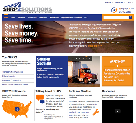 Screenshot of the home page for SHRP2 Solutions (www.fhwa.dot.gov/goshrp2).