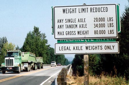This image shows a traffic sign posted at a bridge. The sign states that the weight limits for the bridge have been reduced, and it also lists the maximum weights allowed on the bridge. (“Any single axle: 25,000 lbs. Any tandem axle: 34,000 lbs. Max gross weight: 80,000 lbs.) Finally, there is a smaller sign under the weight-limit sign that states, “Legal axle weights only.”