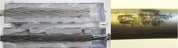 This image shows physical condition of the corroding strand removed from a 0.4-percent chloride concentration single strand specimen. A rust spot can be seen in the left photo and its cleaned condition showing an initial pit in the right photo.