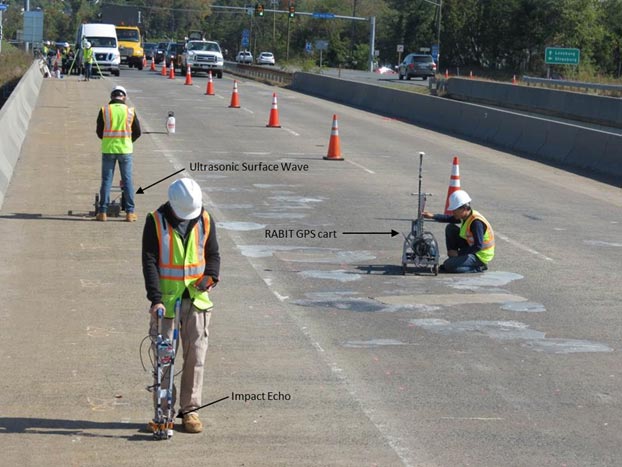 This photo shows the data collection on the deck of the Virginia Pilot Bridge. The right shoulder and right lane are closed to traffic using traffic cones, and only the left lane is open to the traffic. There are four people on the bridge deck conducting different NDE tests. Person one is conducting ultrasonic surface wave testing using a portable seismic property analyzer. Person two is conducting impact echo testing. Persons three and four are working together, measuring the location of a point using a Global Positioning System antenna.