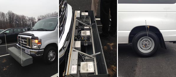 This photo has three components. The left photo is the inertial profilometer vehicle, a white van with a grey inertial profiler sensor bar mounted before the front bumper. The grey inertial profiler sensor bar spans the width of the vehicle, and contains the laser height sensors and corresponding accelerometers. The center photo is a close-up image, showing the opened inertial profiler sensor bar displaying the components inside. In the right photo, the rear left tire is shown with an instrument mounted to enable longitudinal distance measurement.
