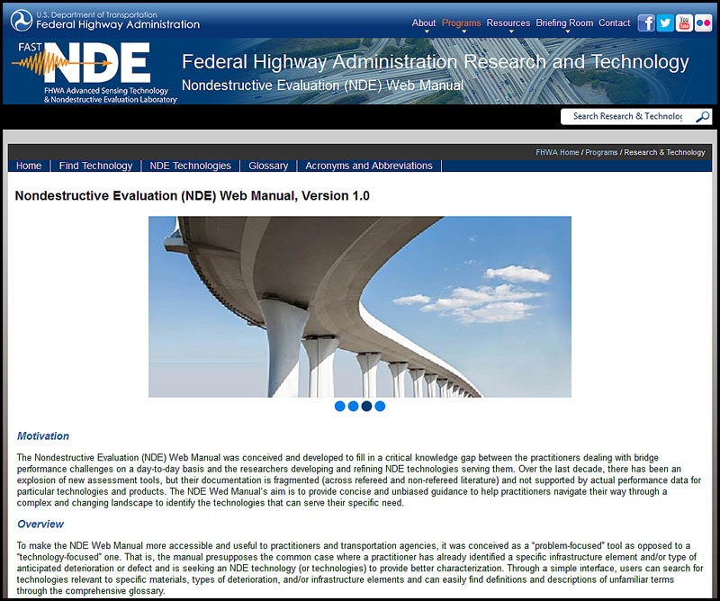 Figure 7. Screen capture. NDE Web Manual homepage. The screen shows the homepage of the NDE Web Manual web application. There is a revolving slide show at the top, and sections of text labeled “Motivation” and “Overview” are shown.