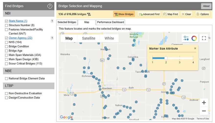 Screen capture from the LTBP InfoBridge site showing a map of South Dakota with bridges meeting the search criteria plotted on the map.