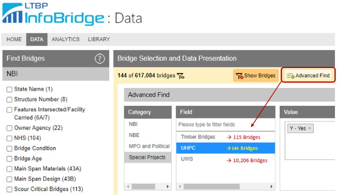 The screen capture shows a screen capture of InfoBridge depicting addition of UHPC and Timber Bridge options under Special Projects of Advanced Find.