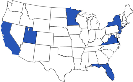Figure 1. Map representing the seven States chosen for the LTBP Pilot Study. Seven States were chosen to represent varied environmental conditions and bridge structures throughout the United States. The bridges are located in California, Florida, Minnesota, New Jersey, New York, Utah, and Virginia.