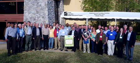 Figure 6. Members of the Long-Term Bridge Performance Program joined State highway agencies, Federal Highway Administration, academic and other industry experts for an outdoor group photo during the Substructure and Foundation Workshop in Orlando, Florida.