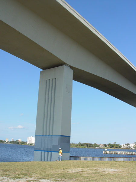 Figure 2. The Florida pilot bridge carries traffic over the Halifax River (Intracoastal Waterway).This bridge is a precast segmental, post-tensioned concrete structure carrying Seabreeze Boulevard (Route 430 westbound) over the Halifax River/Intracoastal Waterway. Constructed in 1997, it has a main span of 247 feet. The team conducted the visual inspection, nondestructive evaluation (NDE) survey, and material sampling in February 2011.