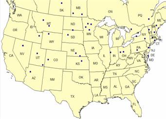 Map showing the locations of LTPP SMP sites analyzed in this study (in the following States: Arizona, Colorado, Connecticut, Idaho, Indiana, Kansas, Maine, Maryland, Massachusetts, Minnesota, Montana, Nebraska, Nevada, New Hampshire, New Jersey, New York, Ohio, Pennsylvania, South Dakota, Utah, Vermont, Wyoming, Manitoba, Ontario, Quebec, Saskatchewan