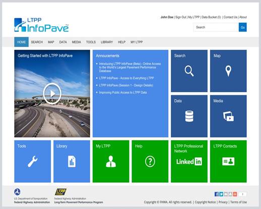 Figure 2. Image is a screenshot of the LTPP InfoPave website home page that mainly comprises of multiple rectangular tiles of different colors and sizes with appropriate captions/titles on them. On the top left of the image is the logo and trade mark of the LTPP InfoPave website. Below this logo, there is a gray bar with black text on it that represents the top header menu of the website. Under the gray menu bar, there is a yellow ribbon with black text on it which contains the latest release notes of the website. Below it there are multiple tiles of different colors and sizes that represent different features, functionalities, and pages of the website. These tiles include Announcements, Search, Map, Data, Analysis, Visualization, Tools, and Introduction to LTPP InfoPave video. On the bottom of the image is the footer of the website that contains the logos for FHWA and LTPP on the left and icons for social network sharing on the right. Below these icons are the links to Copyright Notice, Privacy, and Terms of Use. Lastly, the top right corner of the image contains links to Sign In, Customer Support, Site Map, Contact Us, and About. It also contains a search box where users can input text to search for it through the LTPP InfoPave website