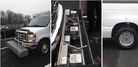 Inertial profilometer vehicle (left), sensor bar with cover open (center), and distance measurement instrument (right). This photo has three components. The left photo is the inertial profilometer vehicle, a white van with a grey inertial profiler sensor bar mounted before the front bumper. The grey inertial profiler sensor bar spans the width of the vehicle, and contains the laser height sensors and corresponding accelerometers. The center photo is a close-up image, showing the opened inertial profiler sensor bar displaying the components inside. In the right photo, the rear left tire is shown with an instrument mounted to enable longitudinal distance measurement.