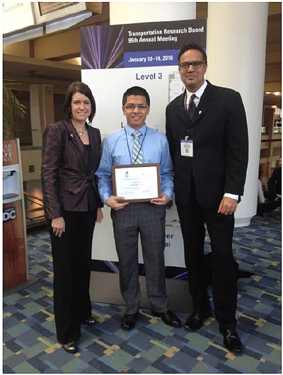 Group photo of Lenor Bromberg (left), President of Transportation & Development Institute of ASCE, Ronell Joseph H Eisma (center) and Muhammad Amer (right), Director of Transportation & Development Institute of ASCE. Ronell was the first place graduate winner for the 2015 Data Analysis Contest Award.