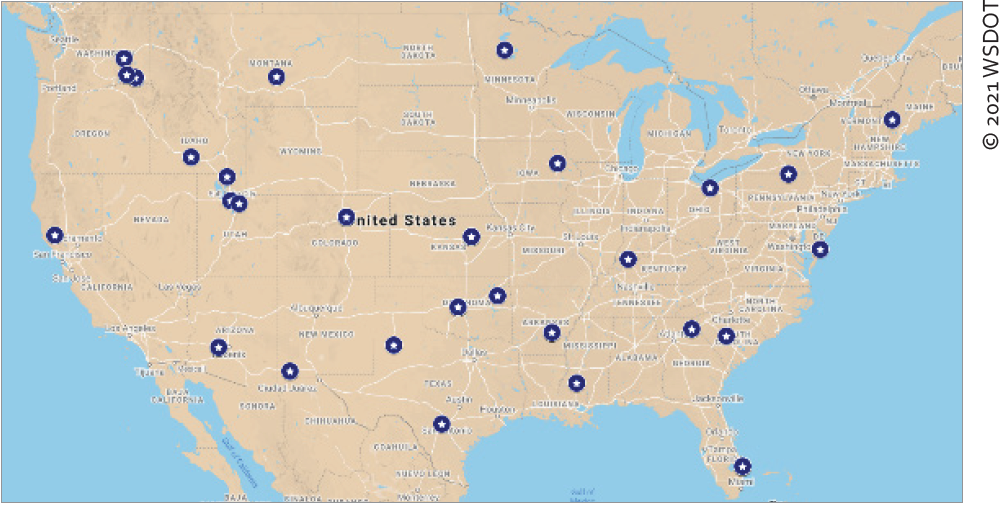 The figure shows a map of the locations in the United States where test sections were investigated. A total of 63 test sections in 23 States (Arizona, Colorado, Kansas, Ohio, Mississippi, California, Florida, New Mexico, Iowa, Montana, Georgia, South Carolina, Maine, Utah, Maryland, Indiana, Minnesota, Pennsylvania, Arkansas, Idaho, Washington, Texas, and Oklahoma) are marked on the map. © 2021 WSDOT.