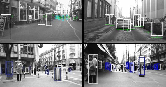 Four examples of pedestrian detection using the proposed system.  In the figures, the white boxes indicate possible pedestrians, and the blue boxes indicate possible pedestrians to be further analyzed by an appearance classifier. Both true detections and typical false positives are shown. The objective of the following modules is to reduce the false positives.