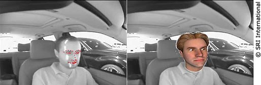 Figure shows two side-by-side head-and-shoulder shots of a driver.  The left image is the actual driver with his critical features (i.e., eyes, nose, and mouth) outlined in red dots. The right image is an avatar of the driver face to obscure his identity while still showing his head pose, eye gaze direction, and facial expressions.