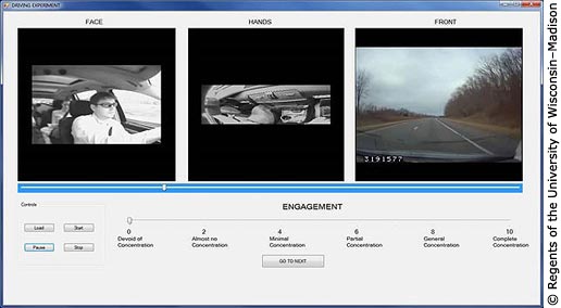 Figure shows a user interface screen that has three photo images side by side.  The first photo shows the driver’s face. The second photo shows the driver’s hands. And the last photo shows the roadway in front of the vehicle with numbers appearing at the bottom left of the image.  There are four control buttons below the images to the left and an engagement meter to the right showing even numbers from 0 (devoid of concentration) to 10 (complete concentration).   And a “Go to Next” button at the way bottom.