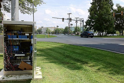 TFHRC’s intelligent intersection delivers SPaT and GID data to a test vehicle equipped with a DSRC modem, computer processor, and a display device to provide the driver with speed advice.