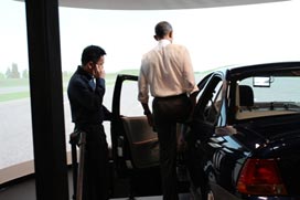 President Obama test drove a freeway environment in FHWA’s Highway Driving Simulator in the Human Factor’s Laboratory. The President quipped that it was the first time that he had driven a car, relatively speaking, in 6 years.