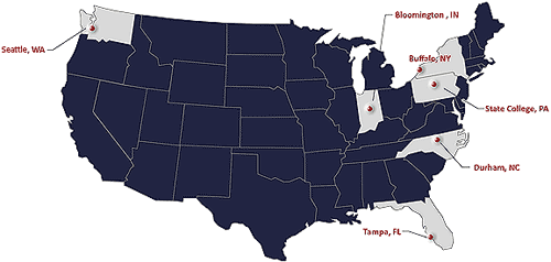 The image shows a map of the United States with the six SHRP2 Naturalistic Driving Study sites highlighted. On the top left corner of the map is the State of Washington. It is shaded in white with red dot identifying city of Seattle. The bottom right of the map shows the State of Florida. It is shaded white with a red dot identifying the city of Tampa. On the right middle section of the map is the State of North Carolina, which is shaded in white. A red dot marks the city of Durham. Three States above North Carolina is Pennsylvania, which is shaded in white. A red dot identifies the city of State College. Above Pennsylvania is the State of New York, which is shaded in white. A red dot identifies the city of Buffalo. The State of Indiana is also shaded in white and a red dot identifies the city of Bloomington.