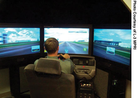 Photo. A participant is seen driving in a vehicle simulator. Photo courtesy of L-3 MPRI.