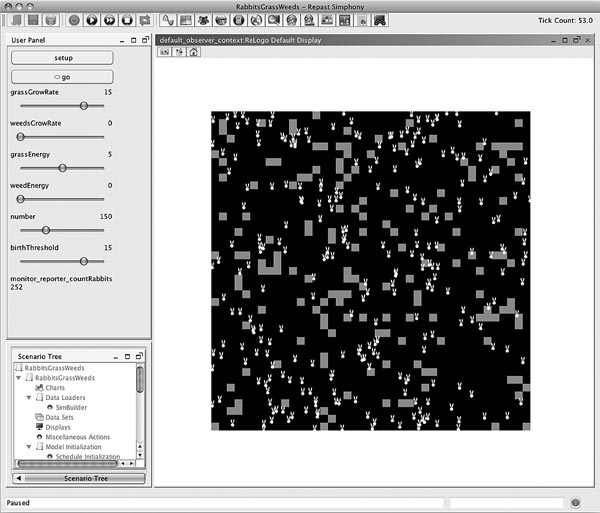 Figure 8. Image. A screen capture shows a Netlogo model that has been converted by Relogo to Repast Simphony.