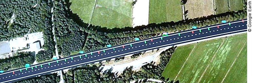 The photo shows the A270 highway—cleared of traffic for a congestion shock wave test. The aerial view shows a two-lane highway surrounded by green fields and trees. Superimposed on the photo are markers showing the locations of vehicles during the test. There are 23 markers visible (70 vehicles total were used in the test): five are red (indicating vehicles equipped with either cooperative adaptive cruise control (CACC) or driver advisory displays), and 18 are green (indicating unequipped vehicles). The markers appear to be evenly-spaced along the highway. Eight blue camera icons showing the locations of the video cameras—used to monitor the trajectories of the vehicles—are also evenly-spaced along the side of the highway.