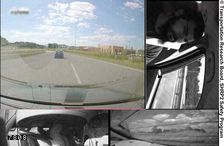 Figure 2. Photo. A frame from video footage showing four camera angles in one grid. The main view shows the road ahead. To the right is a view of the driver. Below is the view looking down from the rear-view mirror and bottom right shows the rear view.