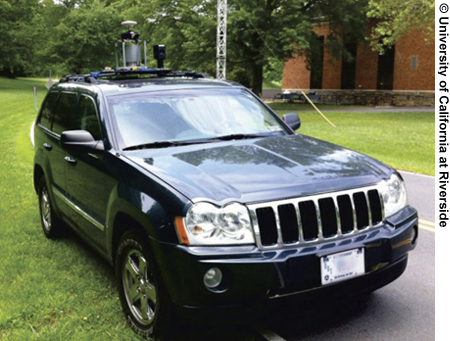 A front-three-quarters view of a research vehicle with equipment mounted on the roof.