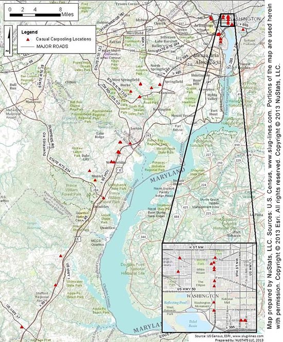 A map shows the Washington, DC–Northern Virginia metropolitan region, including an inset for downtown Washington, DC. Major roads and park–and–ride lot locations are marked. West of the Potomac River, in Virginia, locations are close to I 95 or its feeder routes, spanning the distance from Stafford County in the south to Arlington County in the north, where several sites are clustered near I 395 and the river. Inside Washington, DC, most of the pickup sites shown are on 14th Street, a direct route across the Potomac River on I–395. Sources: U.S. Census, www.slug–lines.com, Esri. Prepared by NuStats LLC 2013. Map used by permission. Copyright © Esri. All rights reserved.