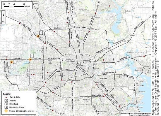 A map shows the Houston, its inner and outer loop routes, and its outer suburbs. The three casual carpooling locations are marked: (1) Addicks and (2) Kingsland lots on the Katy Freeway and (3) the Northwest Station lot on US Highway 290. All three lie west of the city. The park–and–ride sites are widely and fairly evenly distributed on the beltway route and about nine routes running into the city. Sources: U.S. Census,www.ridemetro.org, Esri. Prepared by NuStats LLC 2013. Map used by permission. Copyright © Esri. All rights reserved.