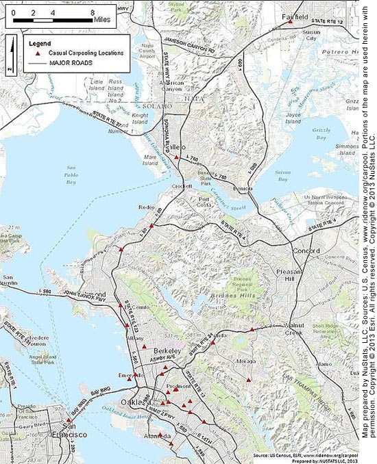 A map shows the coast of northern California, with San Pablo Bay and San Francisco on the west, the Bay Bridge, Oakland, Berkeley on the east, and I–880 and I–80 running north to cross the Carquinez Strait to Vallejo and northeast to Fairfield. Carpooling locations are shown clustered in the Oakland/Berkeley area, with several along I–980 and I–80, as well as one each in Vallejo and Fairfield, and several near State Route 24 between Berkeley and Walnut Creek. Sources: U.S. Census,www.ridenow.org/carpool, Esri. Prepared by NuStats LLC 2013. Map used by permission. Copyright © Esri. All rights reserved.