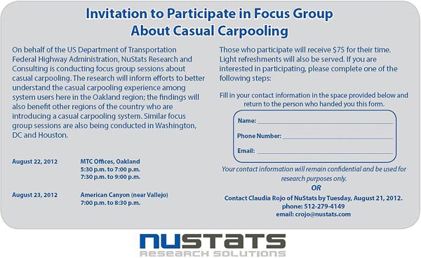 The invitation includes the purpose of the focus group sessions, including mention of gratuity and light refreshments, dates and times, contact information, and a response form which includes blank lines for the name, phone number, and email of the person wanting to participate in the focus group for the Oakland region.
