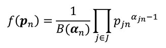 This equation reads f is the function of P subscript n which equals 1 over beta a function of alpha subscript n, end quantity, product over j element of  J, P subscript j subscript n superscript alpha, subscript j, subscript n, minus 1.
