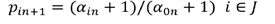 This equation reads P subscript i subscript n plus 1 equals the product of alpha subscript i subscript n plus 1, end quantity, over the product of alpha subscript 0 subscript n plus 1, end quantity, i element of J.