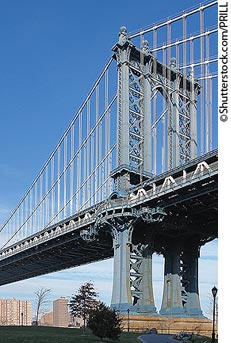 Photo. Side view of a steel suspension bridge
