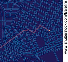 Illustration. A plan view of a city grid with a red line marking a path through the streets. A red dot indicates the current position.