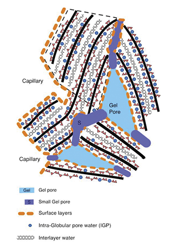 Graphic depiction of colloid behavior of grains and water in a cement paste. In this depiction, two capillaries are outside of the surface layer of the cement paste. The surface layers surround alternating layers of intra-globular pore water (IGP) and interlayer water. Interspersed among the various water layers are two gel pores and five small gel pores.