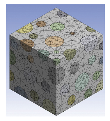 A three-dimensional model (cube) of virtual aggregate packing. In this model, circles of various sizes (representing concrete aggregates) are shown on the outside of a cube. None of the circles is touching the others directly; instead, they are connected to each other by a web of interconnecting lines. This is in contrast to the traditional packing model—where the circles would all be touching one another—and it represents a dense packing arrangement