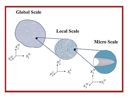 The relationship between global, local, and micro scale analyses are shown as circular insets of each other. Global scale analysis is depicted as a blue circle with a small dot in it; a blown-up image of that dot represents local scale analysis. The circle representing local scale analysis also has a small dot; the blown-up image of that dot represents microscale analysis. 