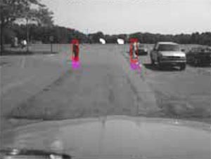 Visual output of the pedestrian-detection system as it recognizes crossing pedestrians.