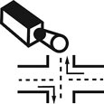 A camera above an intersection.The Exploratory Advanced Research Program’s logo representing research on next-generation solutions for pedestrian and driver safety.
