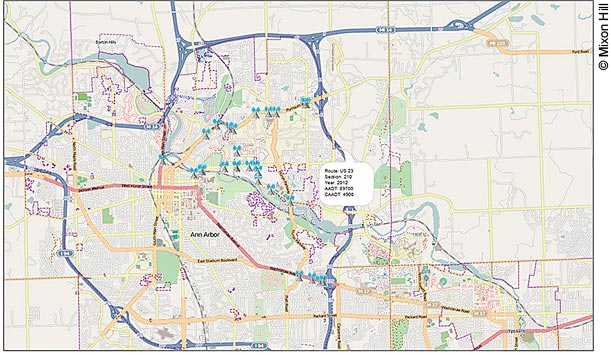 Example of Highway Performance Management System (HPMS) traffic data gathered in 2012 from the portion of U.S. Route 23 that runs through Ann Arbor, Michigan.